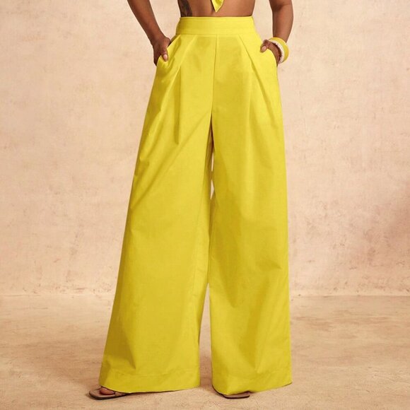 Yellow Elegant Women's Vacation One-Shoulder Chest Knot design crop top & pants - Picture 6 of 7